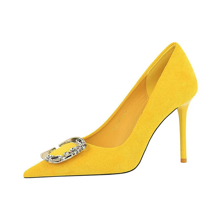 Elegant Rhinestone Buckle Suede High Heel Pumps for Women