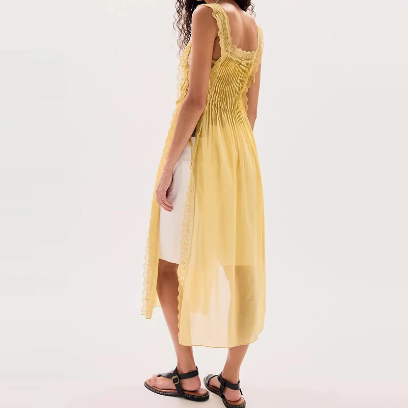 Lace Side Split Beach Pleated Solid Color Maxi Dress for Women