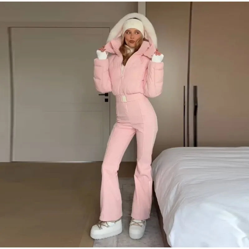 High Waist Full Zip Hooded Windproof Ski Jumpsuit For Women