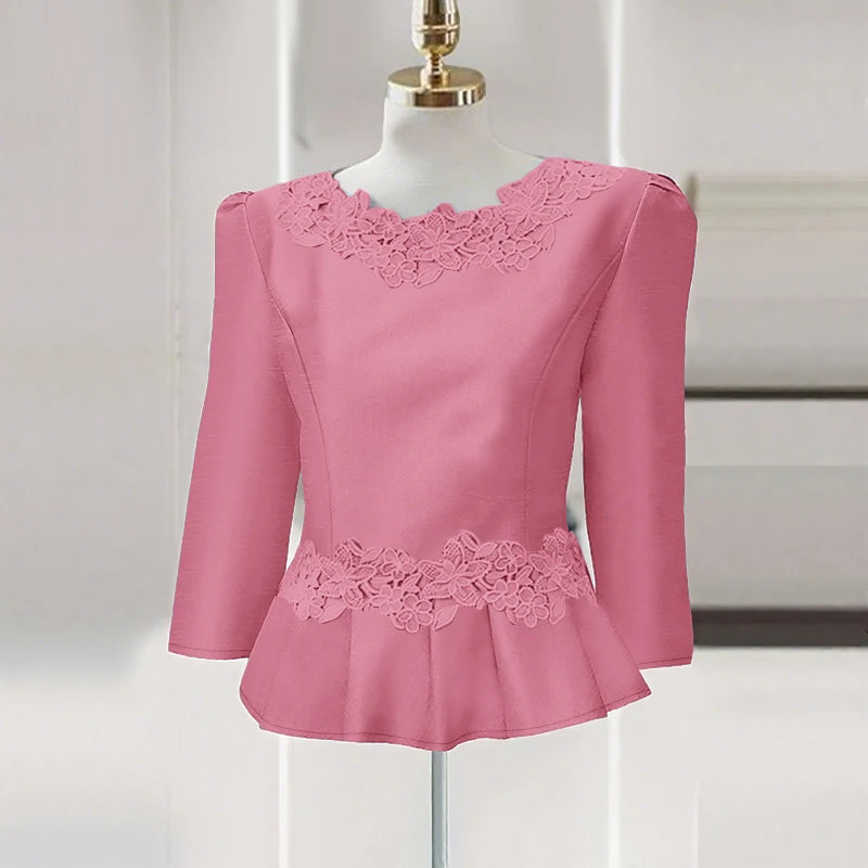 Lace Patchwork Three Quarter Sleeve Peplum Blouse for Women