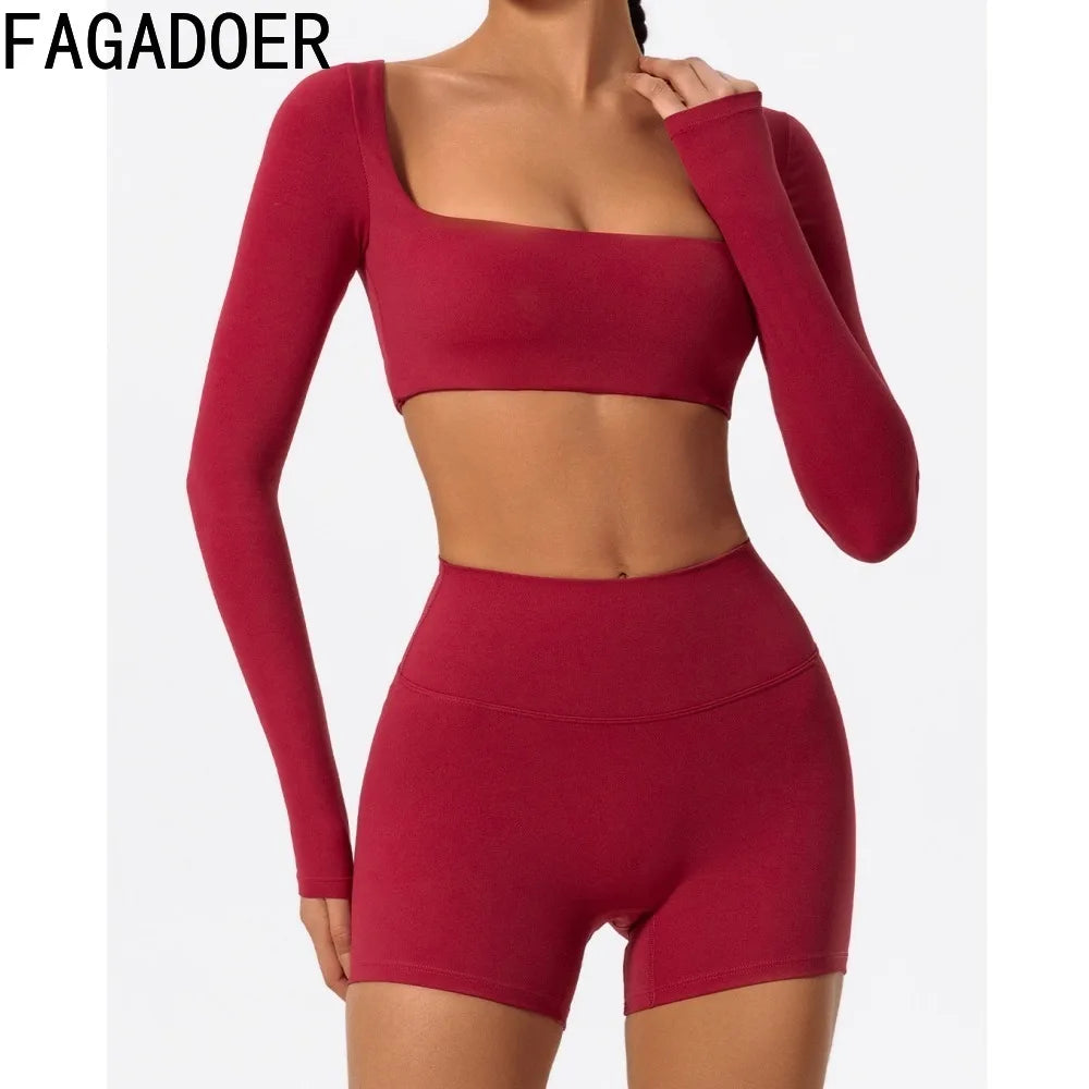 Sporty Solid U-Neck Crop Top and Shorts Two-Piece Set for Women