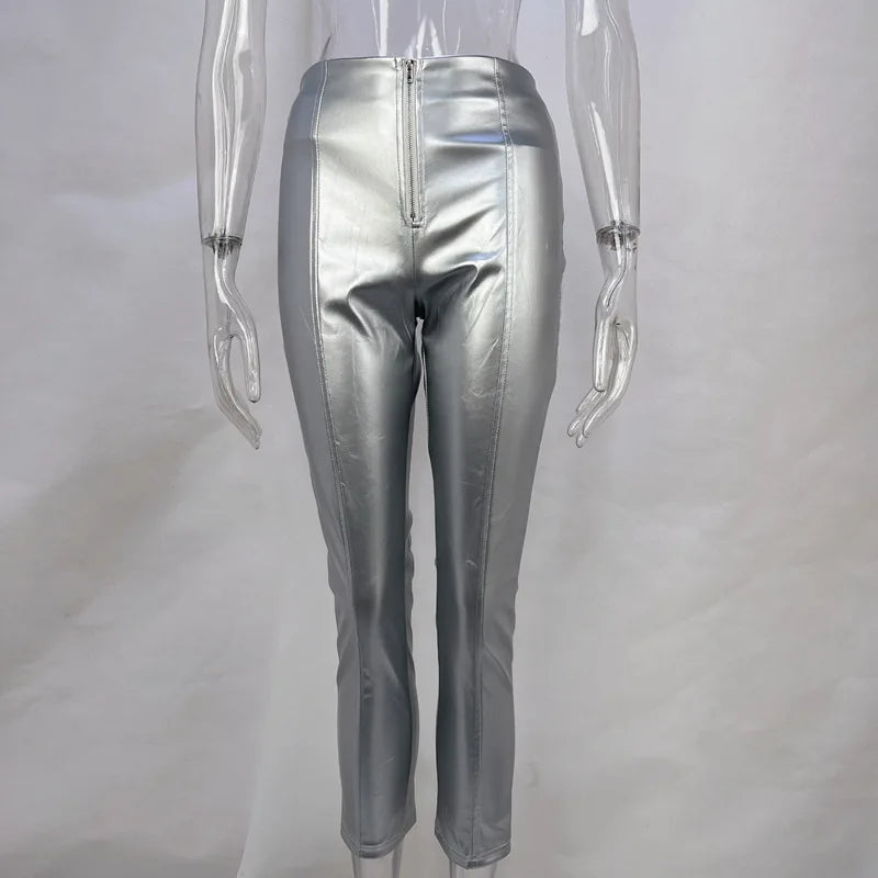 Elegant High Waist Faux Leather Slim Trousers for Women