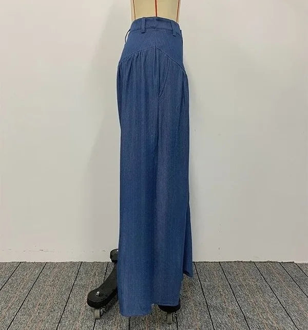 Women's Imitation Denim High Waist Wide Leg Palazzo Pants 2026 New Spring Fashion Pleated Casual Streetwear Y2K Style Trousers
