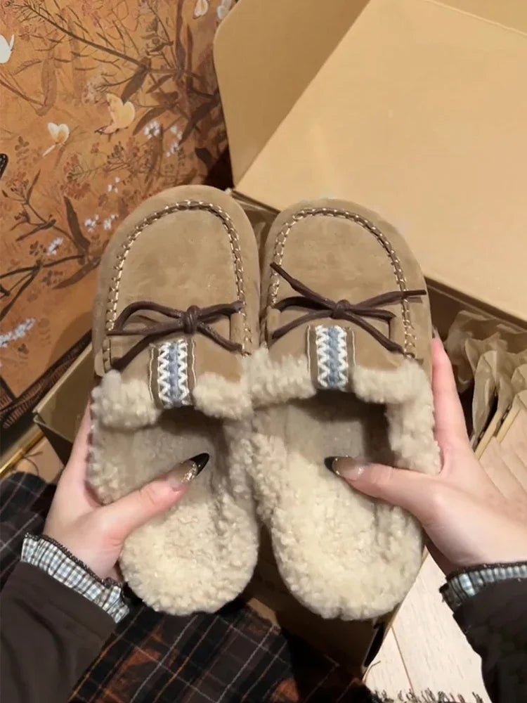 Sheepskin Fluffy Closed Toe Slippers Women Mules Shoes Warm Lace Up Indoor and Outdoor Cotton Shoes Female Winter Fashion
