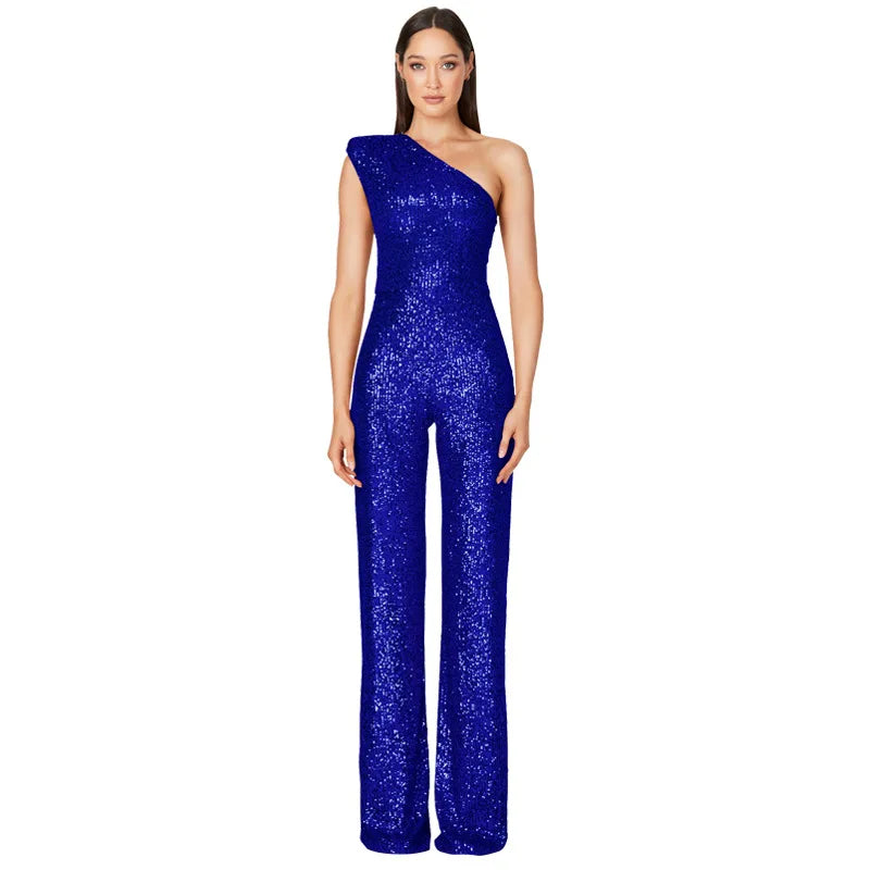 Sequined One Shoulder Wide Leg Jumpsuit