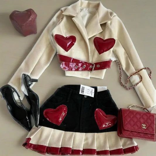 Y2K Women Streetwear Heart Shape Leather Outfit Two Piece Harajuku Gothic Jacket Cropped Denim Patchwork Pleated Mini Skirt Suit