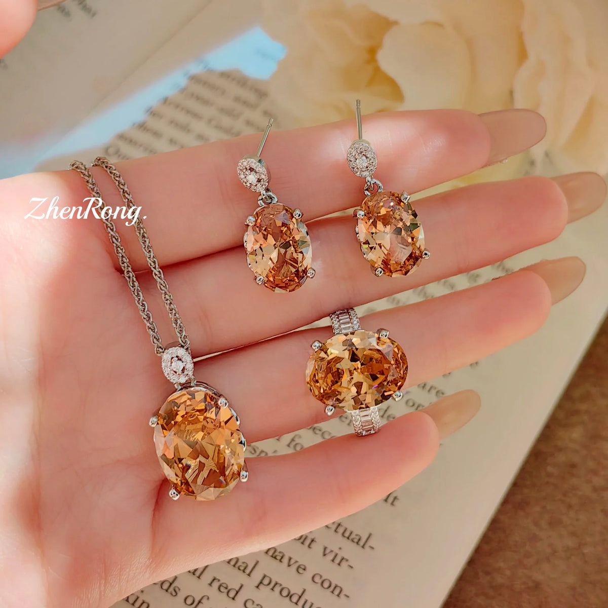 Oval Champagne Cubic Zirconia Jewelry Set for Women