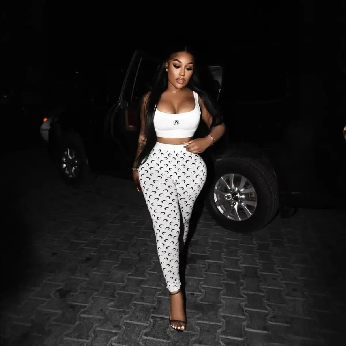 Y2K Crescent Print Slim Fit Two Piece Pants Set for Women