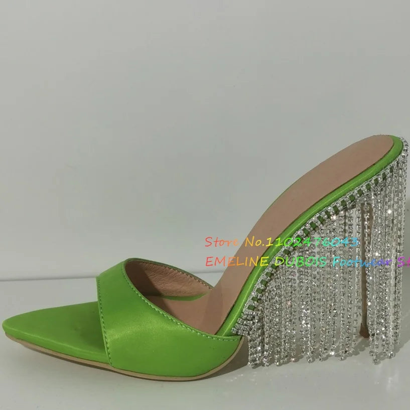 Fringe Crystal Bling Sandals Solid Shiny Leather Slip On Pointy Toe Sandals Women Sexy Shoes Summer Party Runway Big Size Design