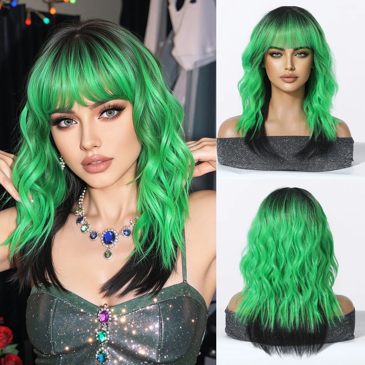 Pink Purple Ombre Curly Synthetic Wig With Bangs for Women