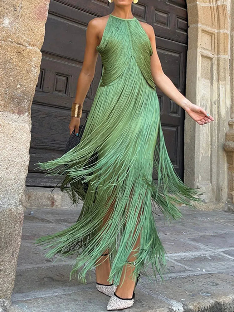 Elegant Tassel Splicing Solid Gowns Dress Women Fashion Hight Wasit Sleeveless Long Dress 2025 Sexy Backless Slim Evening Dress