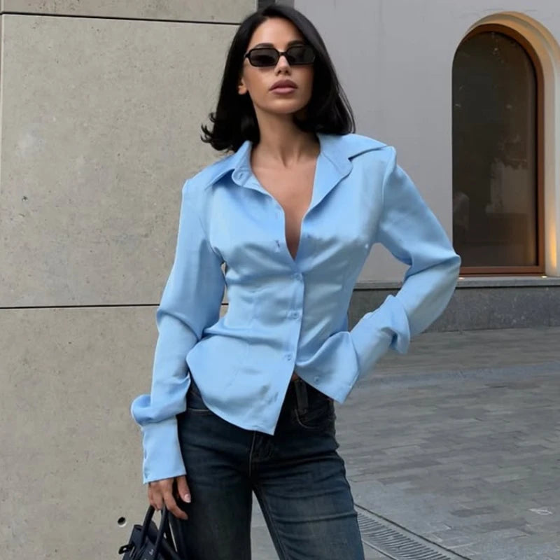 Elegant Satin Long Sleeve Button-Up Shirt for Women
