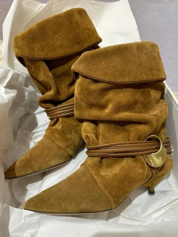 Vintage Stiletto Low Heel Boots Women's Fashion Brand Pleated Ankle Boots Brown Pointed High-end Texture New Cowboy Boots Shoes