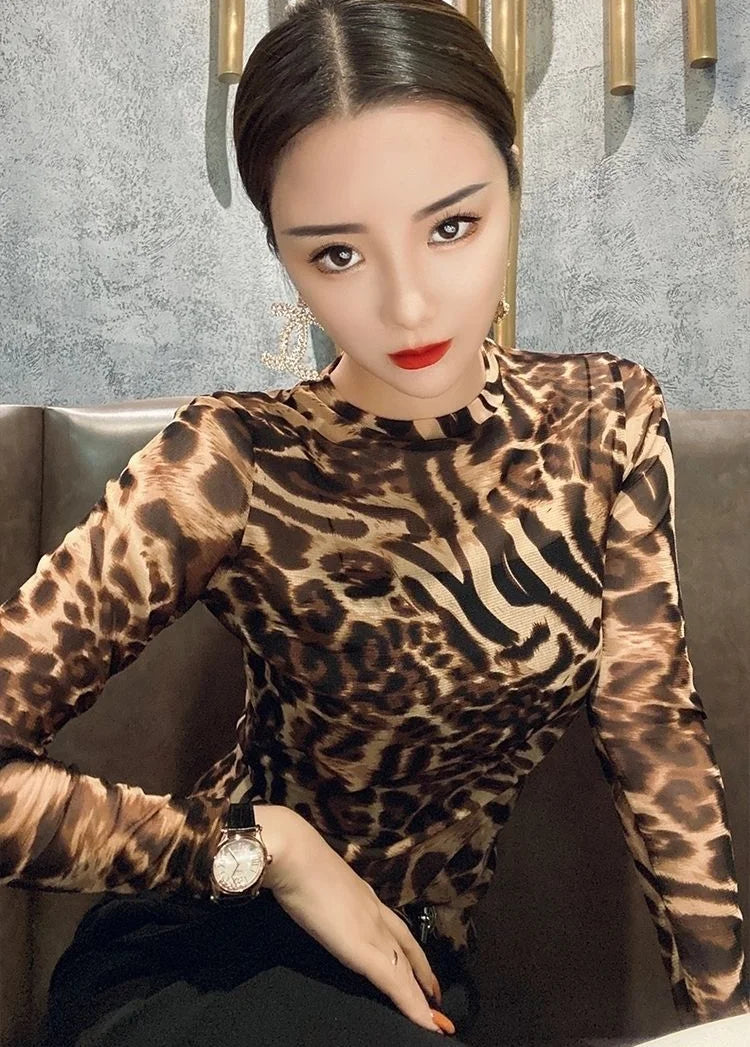 Top Female Mesh Leopard Print Women's Long Sleeve T-shirt Mature Spring Autumn Sexy Korean Reviews Many Clothes Japanese Vintage