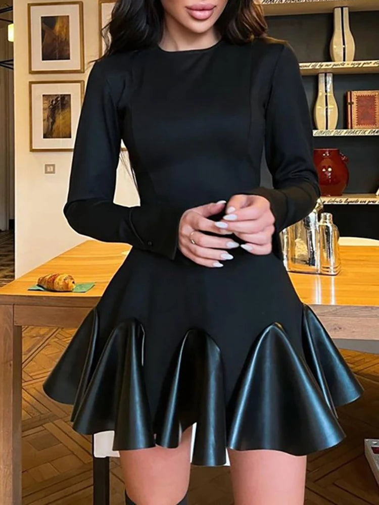 Retro Leather Splice Pleated Long Sleeve Mini Dress for Women