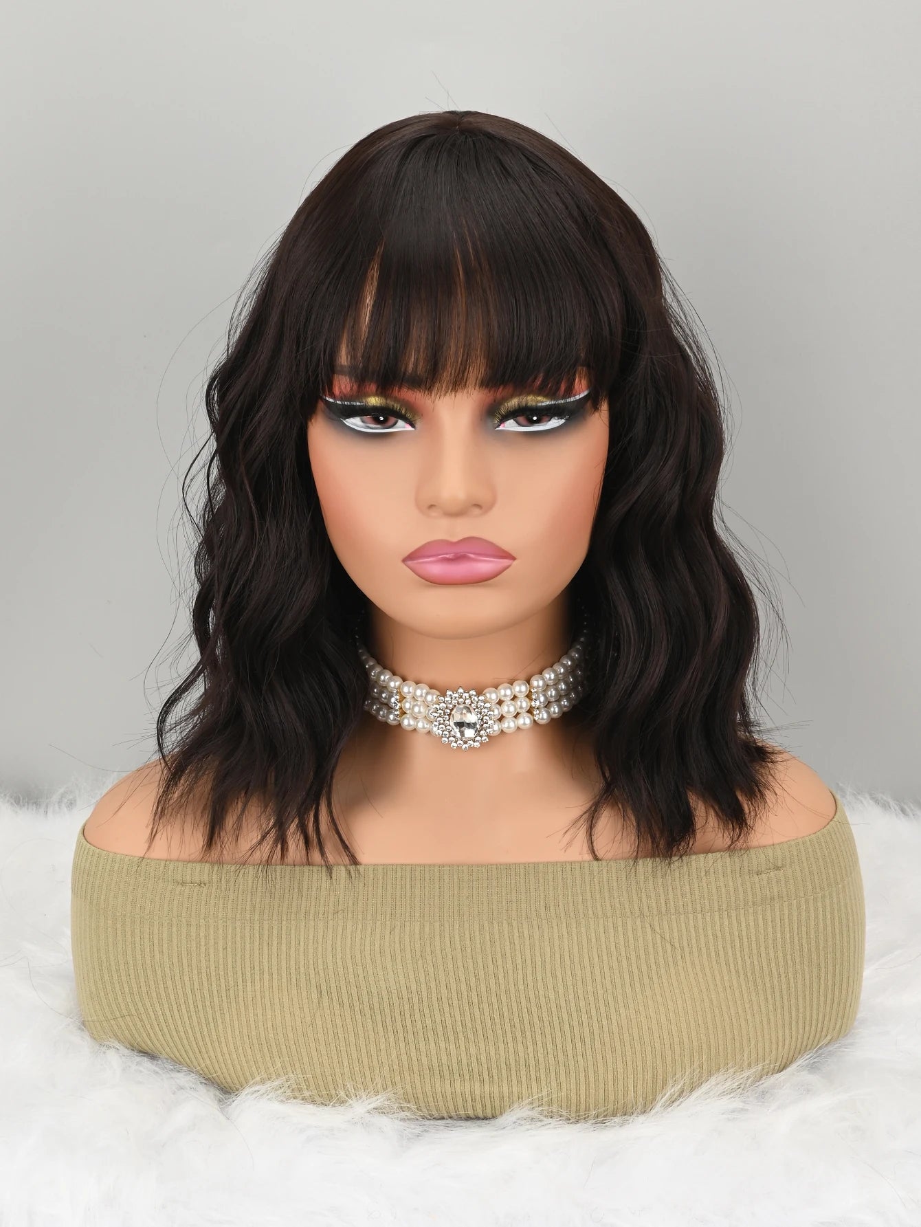 Natural Brown Synthetic Curly Wavy Bangs Bob Wig for Women