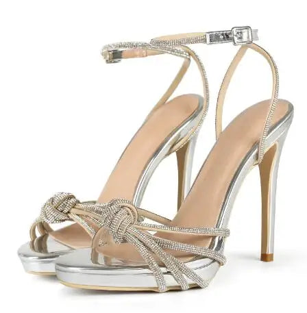 Crystal Rhinestone Knot Open Toe Sandals with Ankle Buckle for Women
