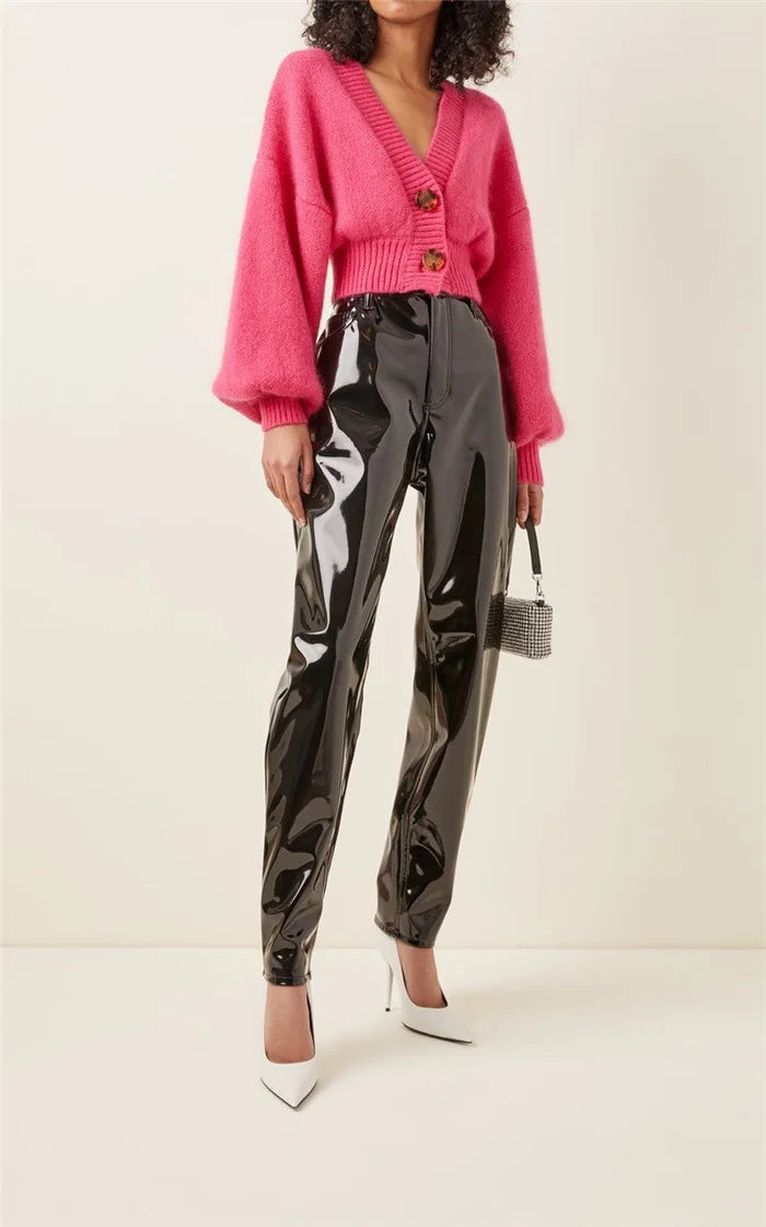 High Waisted Glossy Faux Leather Casual Pants For Women