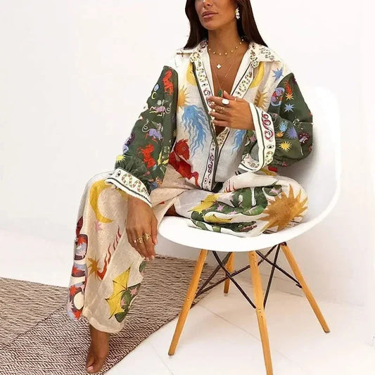 Long Sleeve Long Pant Sets Women  Retro Lapel Single Breasted Blouses Trousers 2 Piece Set Printed Color-blocking Elastic Waist