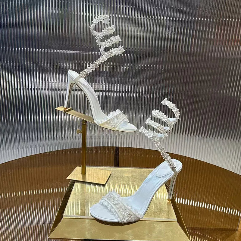 Elegant Floral Lace Strappy Stiletto Sandals for Women