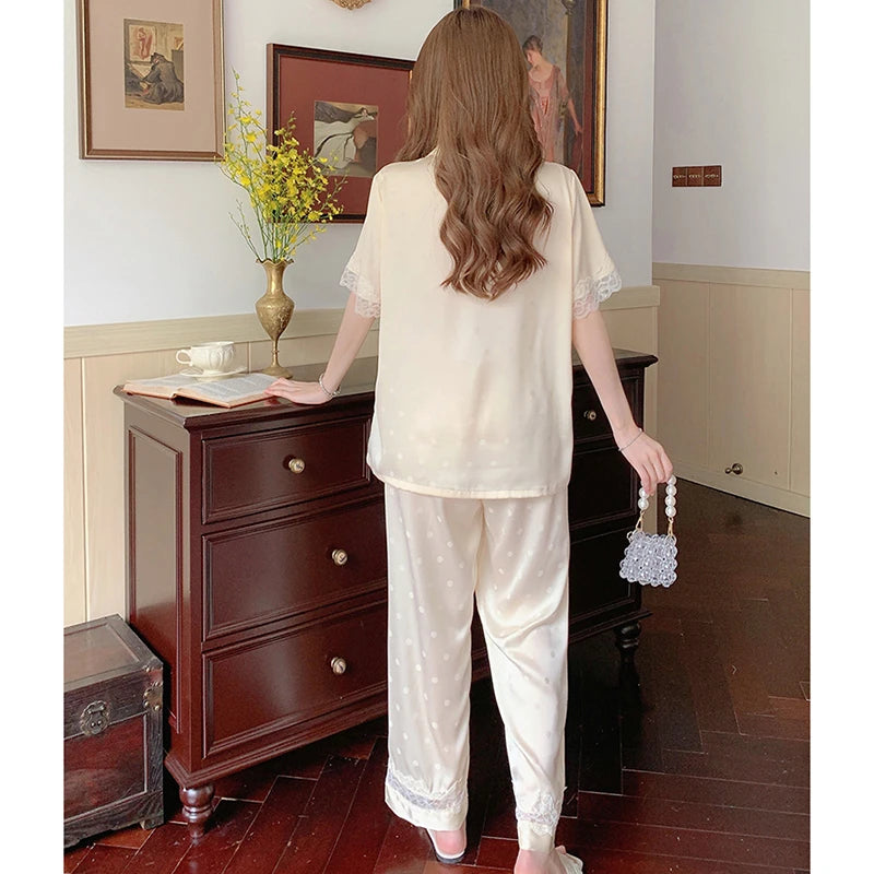Y2k Pink Sweet Dot Lace Jacquard Women Pajamas French Romantic Lazy Lady Nightgown 2024 New Summer Korean Harajuku Home 2pc Set