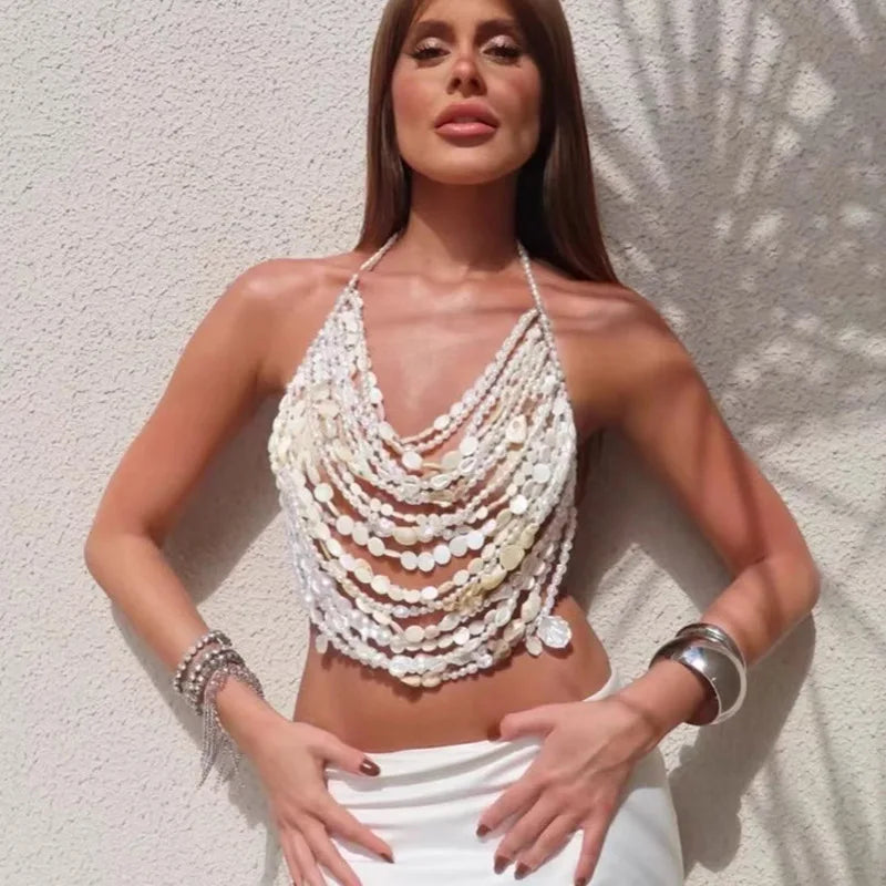 Multi Layer Pearl Beaded Front Chest Necklace For Women