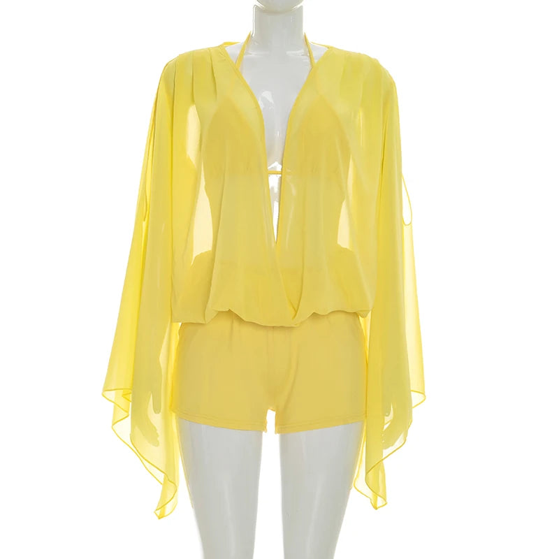 Ruched Elegant Three Piece Set With Halter Tops And Vneck Mesh Tops For Women