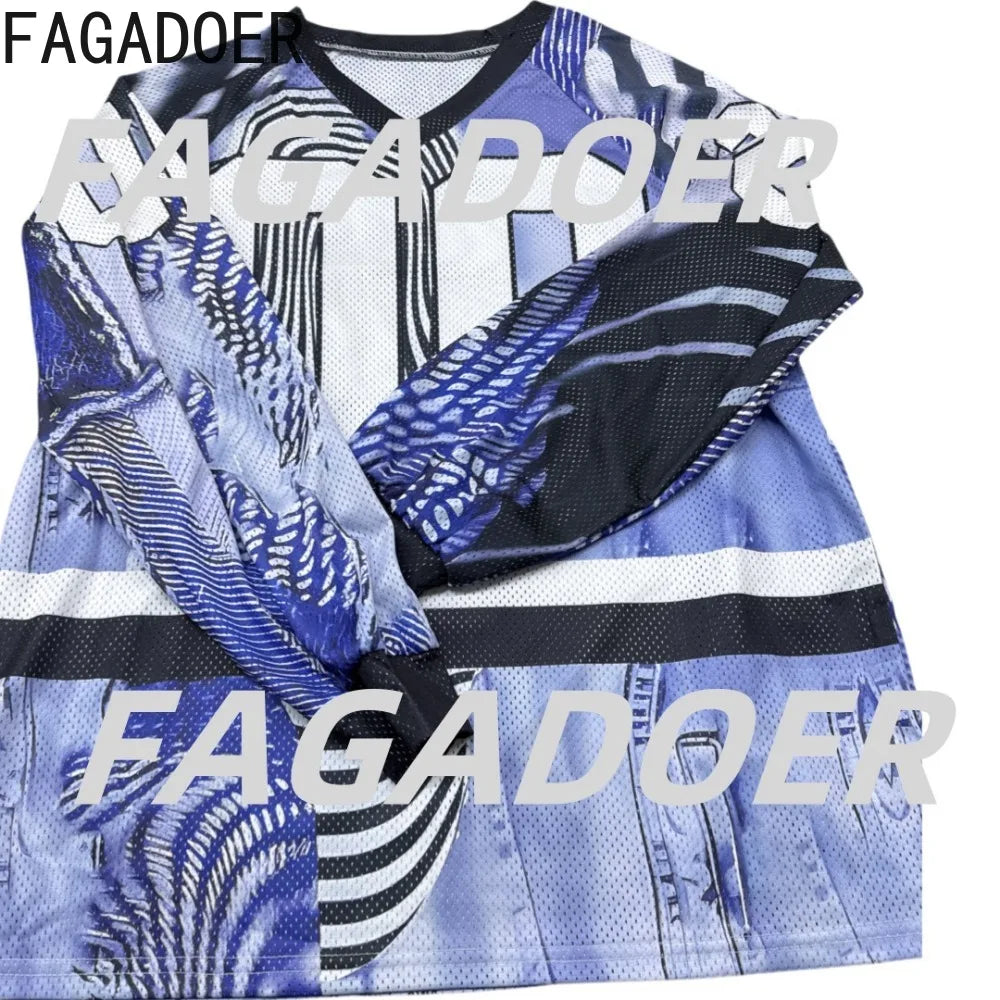 FAGADOER New Spring 2025 Fashion Letter Print T Shirt Women Long Sleeves V Neck Loose Tshirt Casual Female Streetwear Clothing
