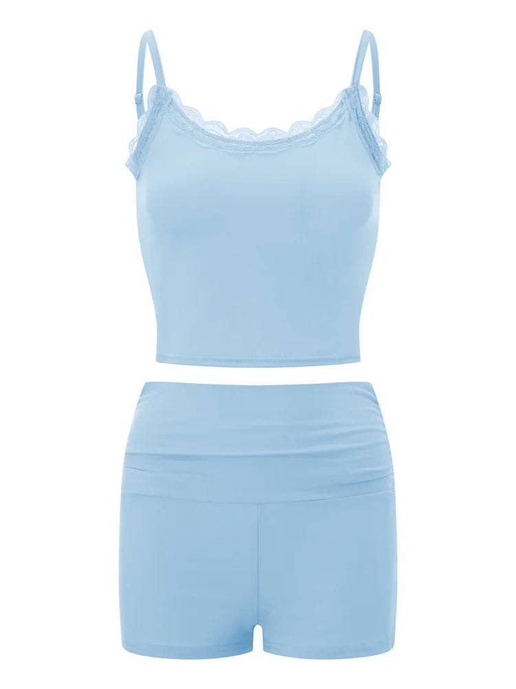 Chic Casual Lace Trim Two Piece Short Set for Women