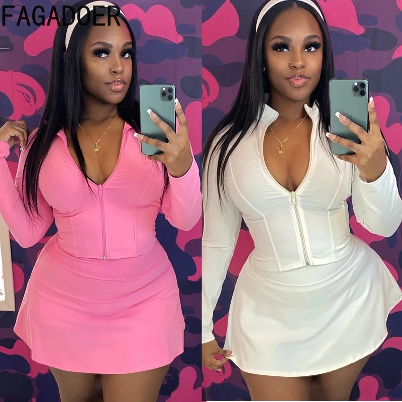 FAGADOER Sexy Sporty 2 Pieces Set for Woman Zipper Long Sleeve Jacket Tops + Pleated Skirts Tracksuits Female Streetwear 2025