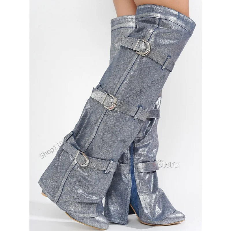 Black Pointed Toe Knee High Boots With Side Zipper For Women