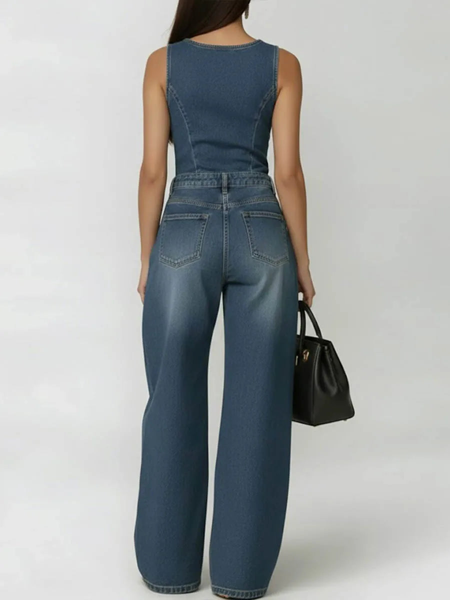 Bonboho Women's Sleeveless Round Neck Eyelet Wide Leg Denim Jumpsuit Casual Streetwear Jumpsuit for Festival & Party Outfits