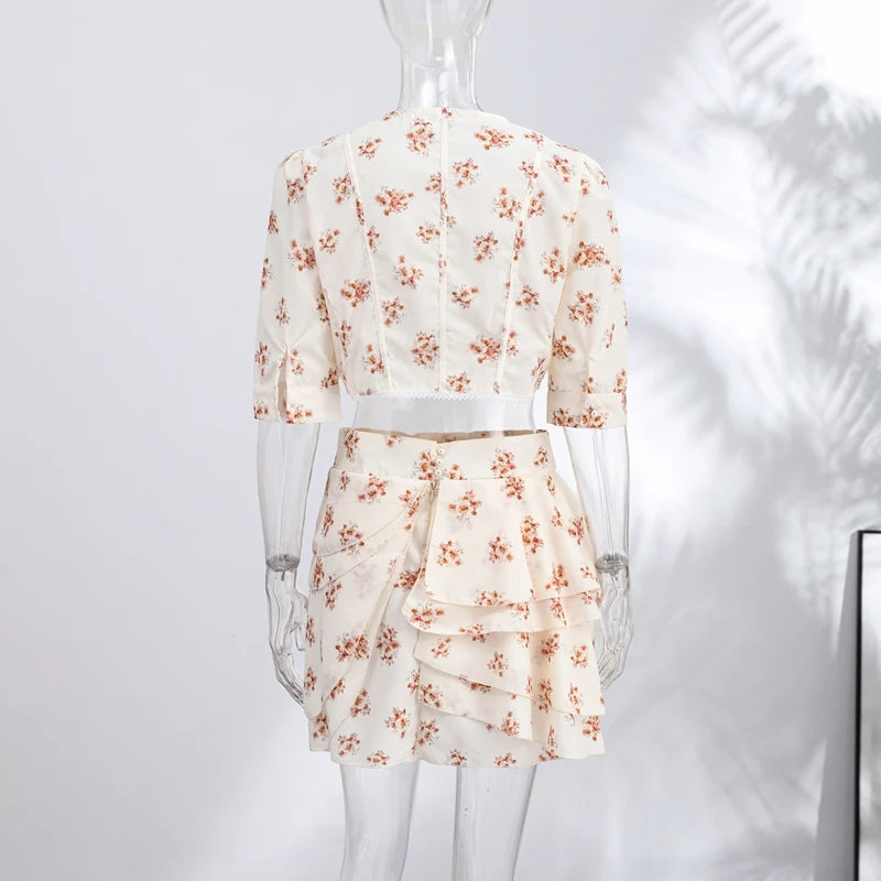 Floral Print Slim Top and Ruffle Skirt Set for Women