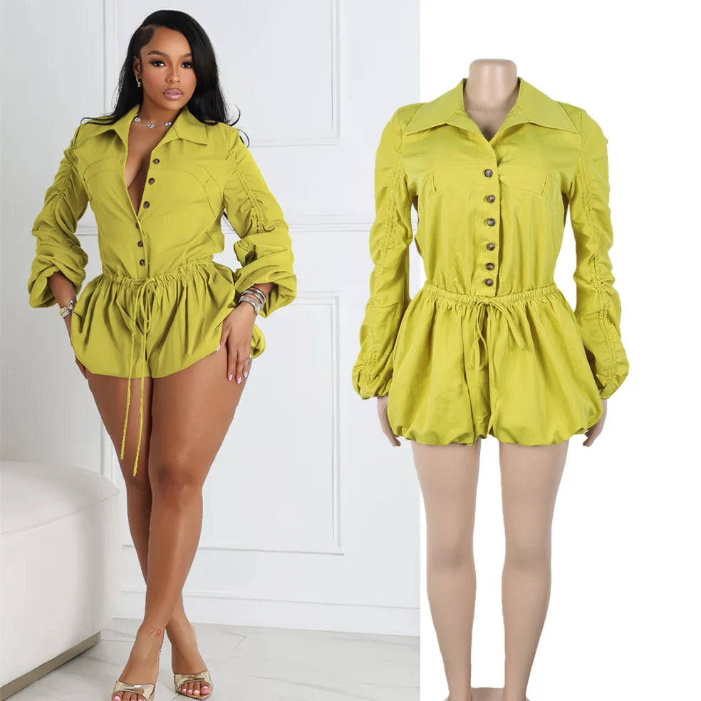 Elegant Ruched Drawstring Lantern Sleeve Romper for Women