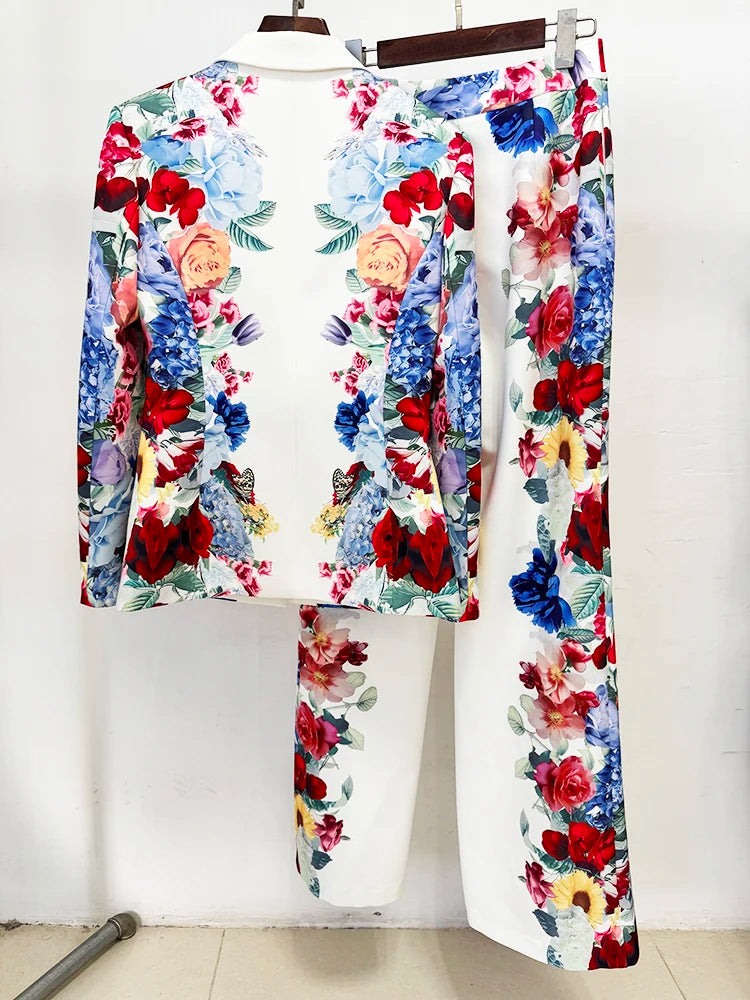 HIGH STREET Newest 2026 Designer Runway Suit Set Women's Gorgeous Floral Printed Blazer Pants Suit 2pcs