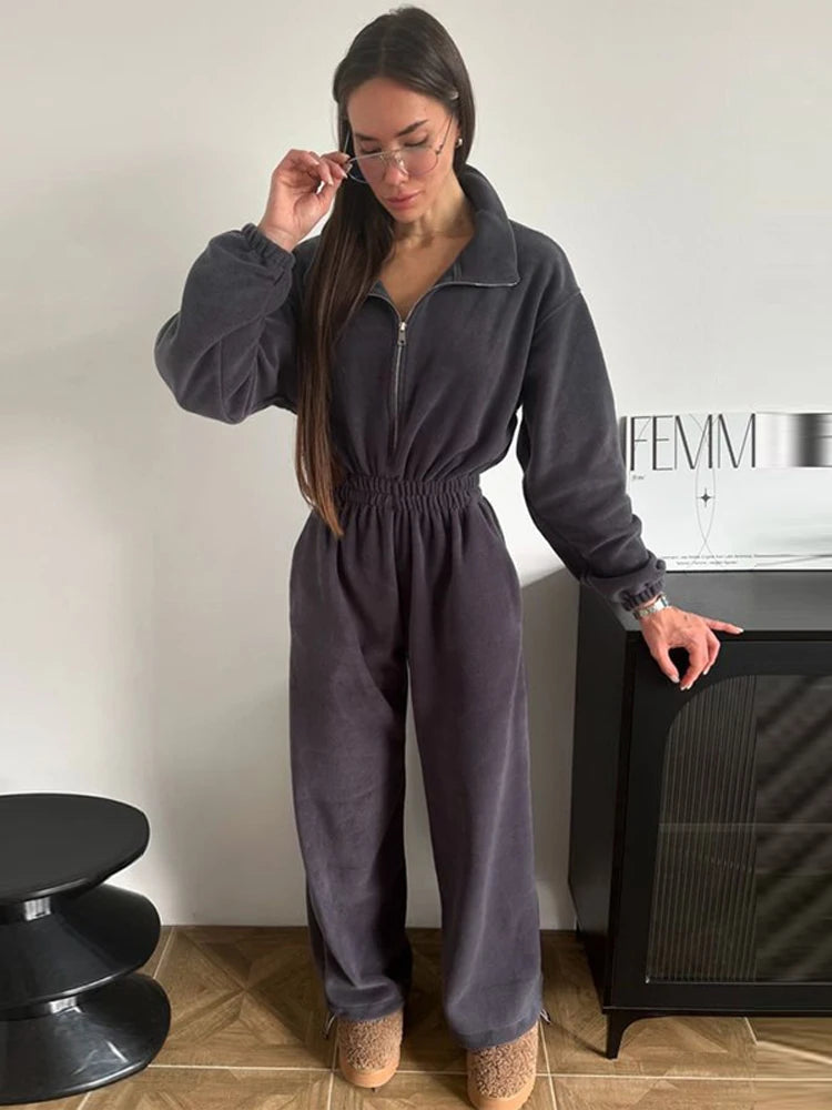 Casual Brown Stand Collar Long Sleeve Jumpsuit for Women