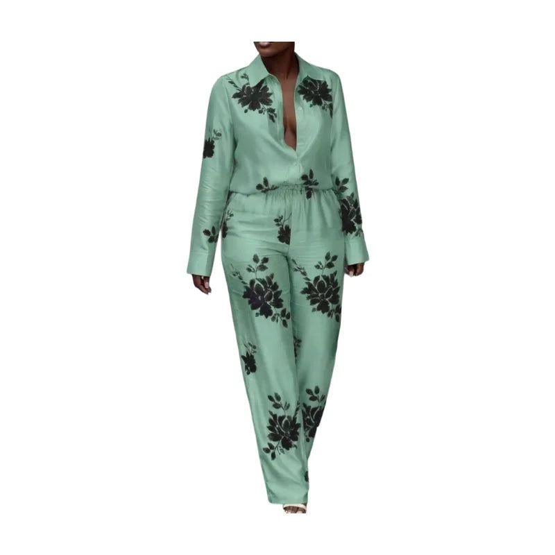 Women's Collar Long Sleeve Printed Shirt Top Wide Leg Long Pants Set For Leisure Vacation Daily Casual Fashion Occasions