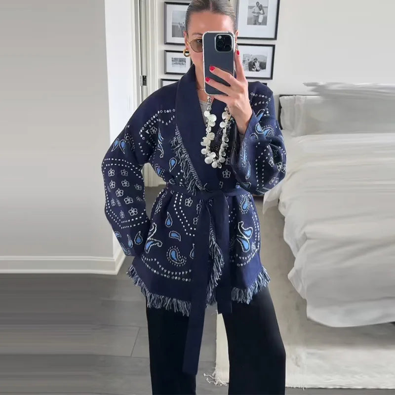 Ethnic Tassel Women 's Sweater Knitted V-neck Bandage Thicken Full Sleeve Jumper For Woman Winter Woman Coats Jacket Knitwear