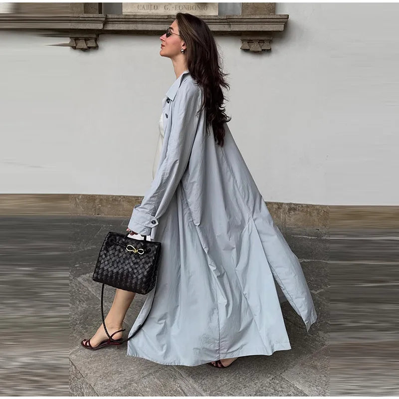 Lapel Collar Button Front Long Trench Coat With Waist Belt for Women
