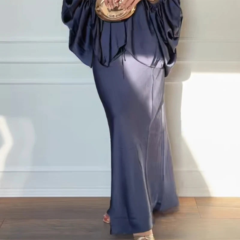 Casual Solid Batwing Sleeve Shirt Skirt Set for Women