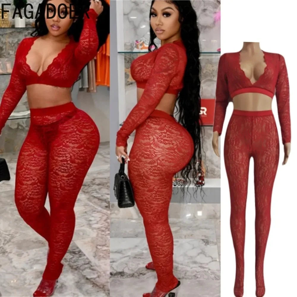 Lace Sheer Two Piece Set With Deep V Crop Tops for Women