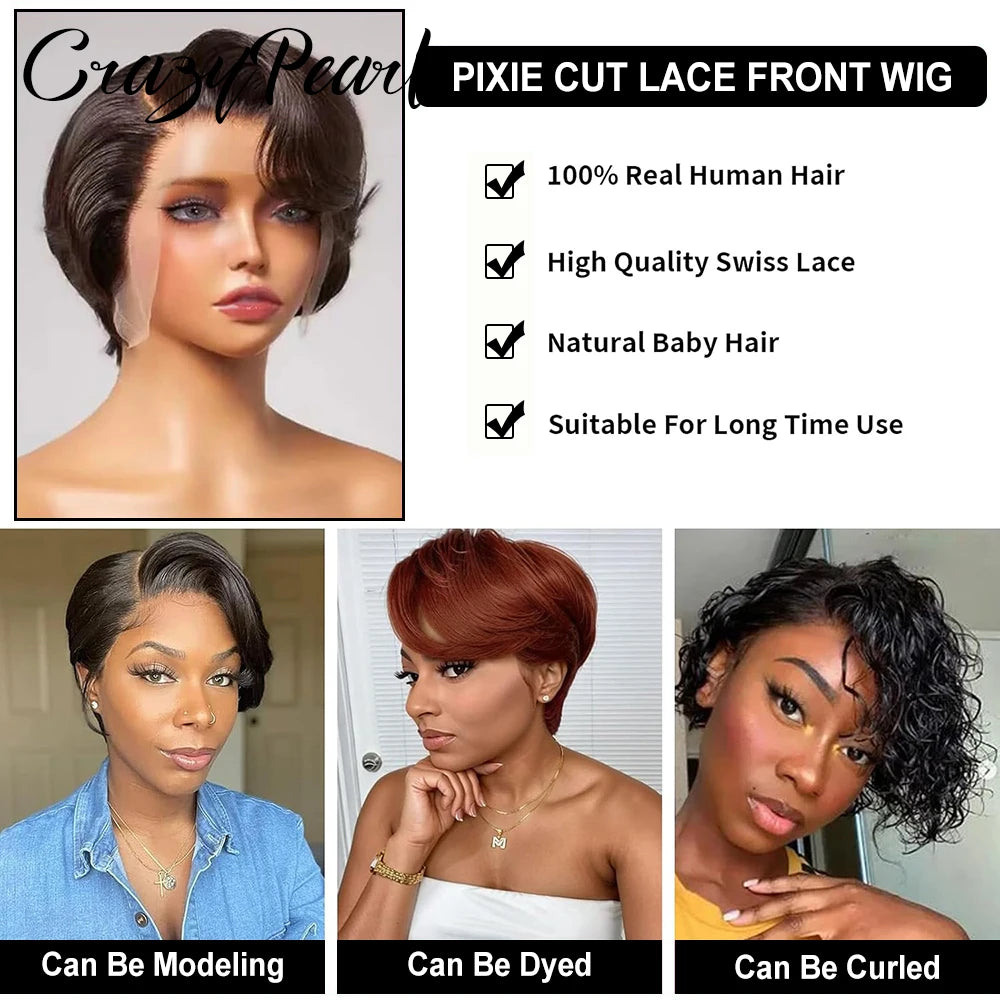 Short Lace Front Pixie Cut Human Hair Wig for Women