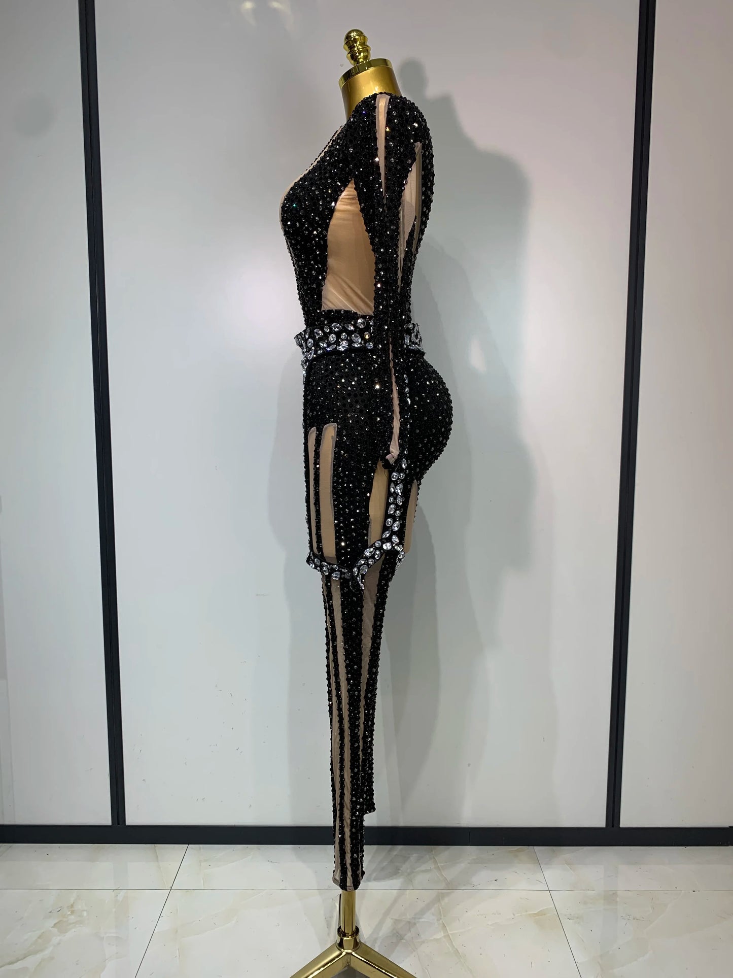 Sexy Sparkly Diamond Black Long Sleeves Bodycon Mesh Jumpsuit Evening Party Nightclub Bar Singer Performance Stage Costume