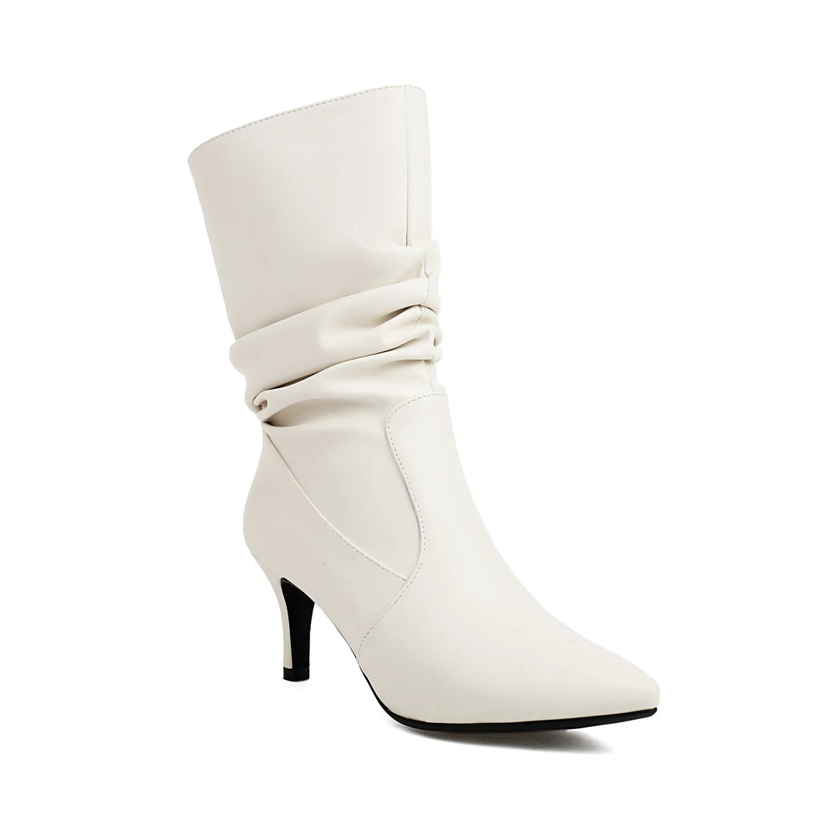 Metallic Pleated Pointed Toe Mid-Calf Stiletto Boots for Women