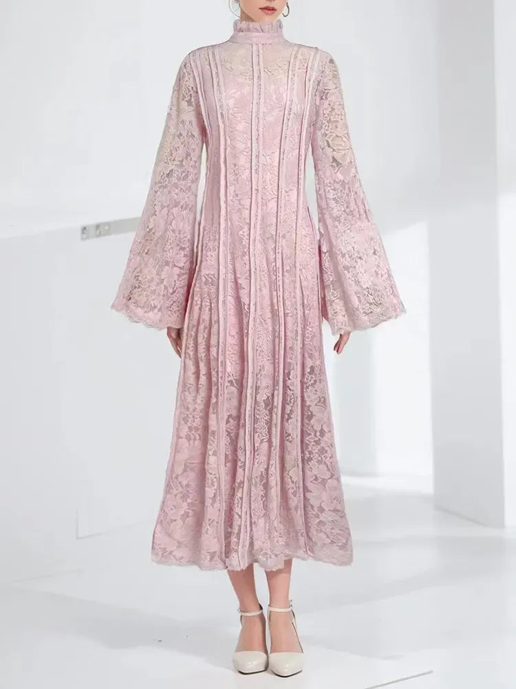 TWOTWINSTYLE Patchwork Lace Slimming Dresses For Women Stand Collar Flare Sleeve High Waist Solid Elegant Dress Female Fashion