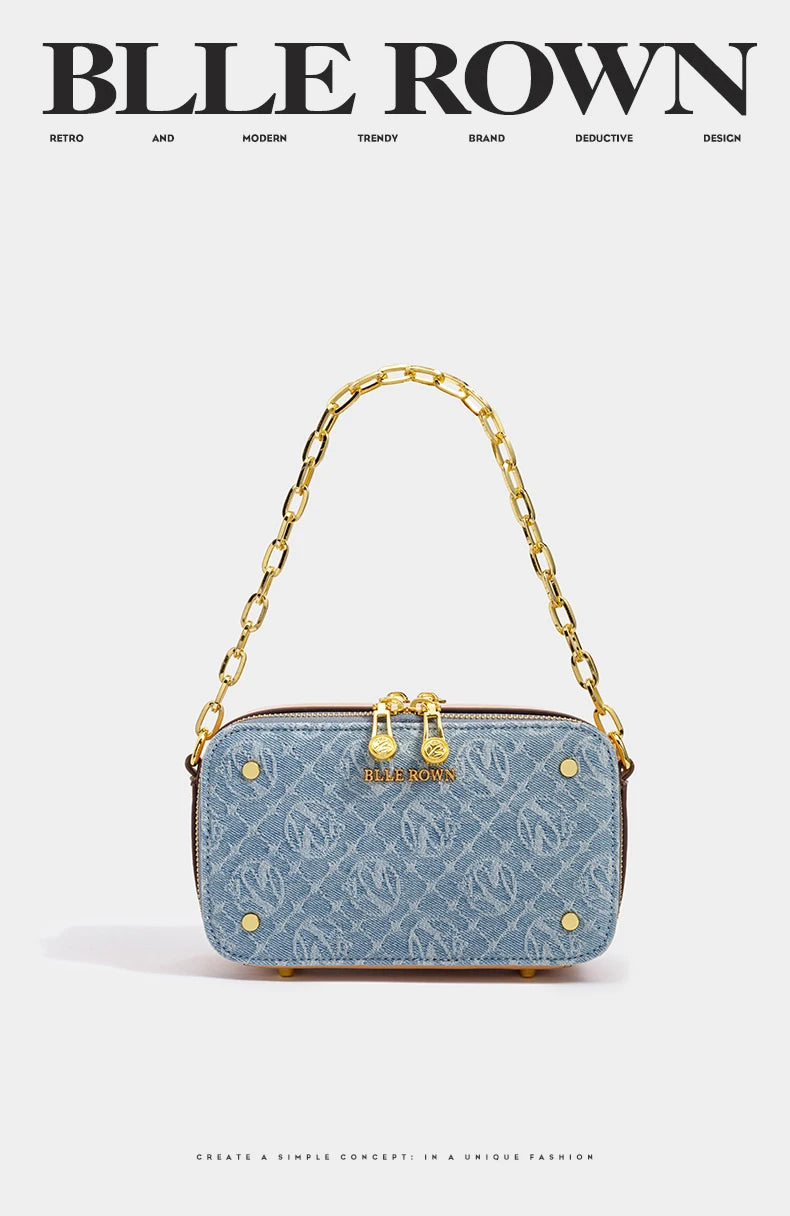 Retro Blue Metal Chain Square Shoulder Bag for Women