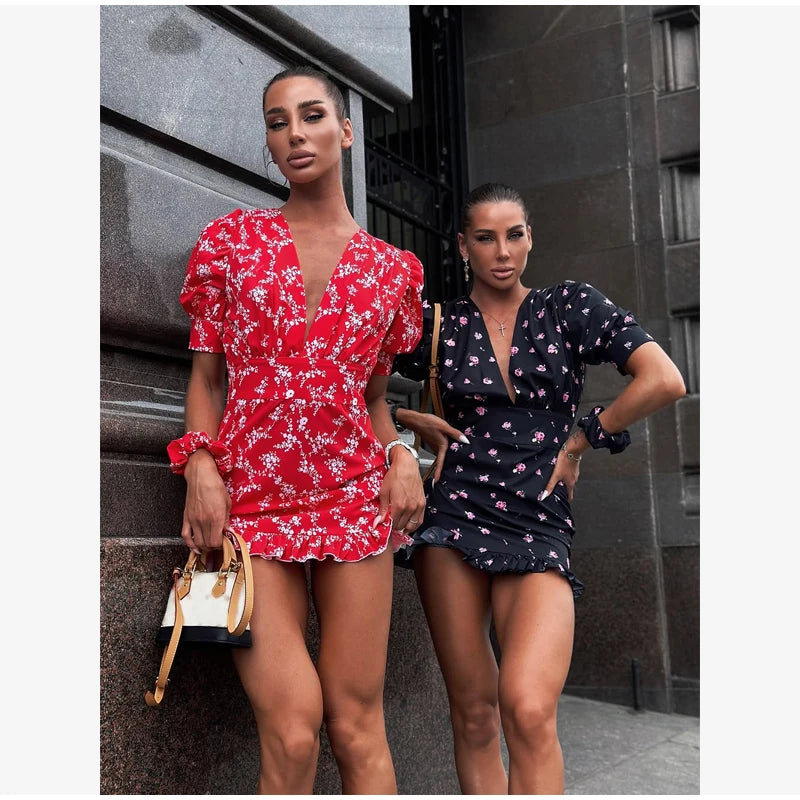 Floral Printed Lace Up Puff Sleeve Mini Dress for Women