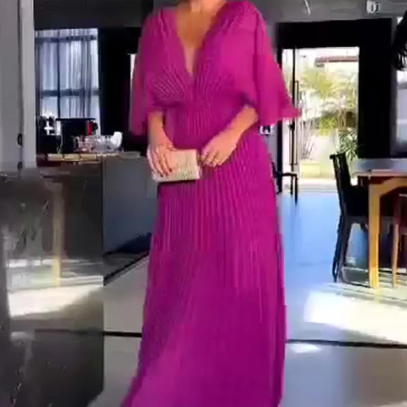 Solid Color V-Neck Bat-Sleeve High-Waisted Dress for Women
