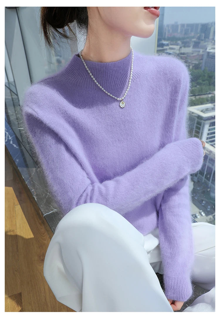 Loose Cashmere Knit Half High Neck Pullover Sweater for Women