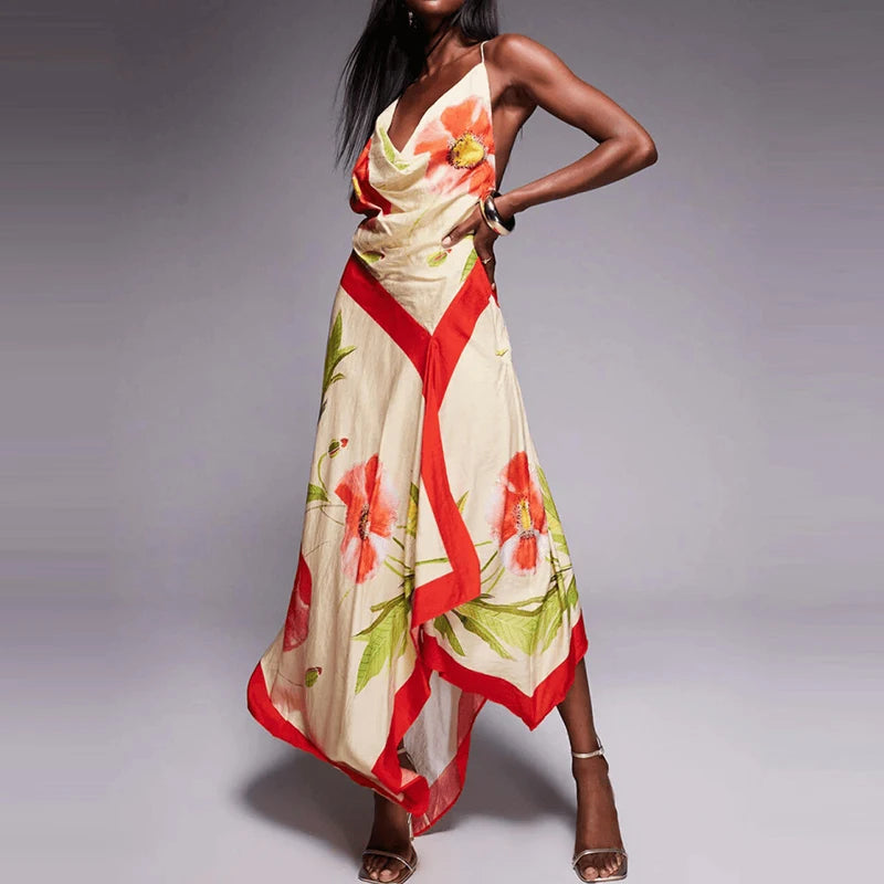 Irregular Off Shoulder Women's Holiday Dress Woman Fashion Sleeveless Beach Maxi Dress Summer Sexy Suspender Printed Long Dress